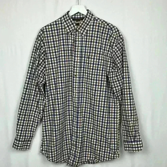 Wrangler Mens Shirt Navy/Brown Check XLT Button Down Collar Button Up Solid Cool - Picture 1 of 14